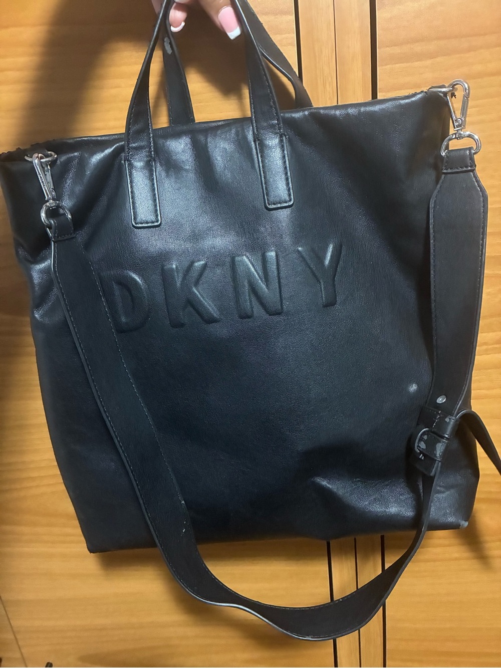 DKNY Black Leather Tote Bag with Detachable Strap
